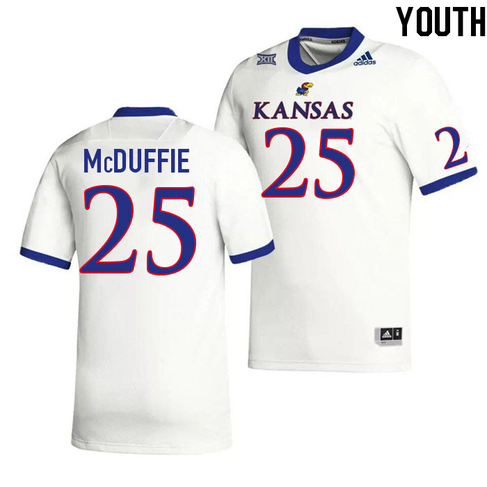 Youth #25 Dylan McDuffie Kansas Jayhawks College Football Jerseys Stitched Sale-White - Click Image to Close